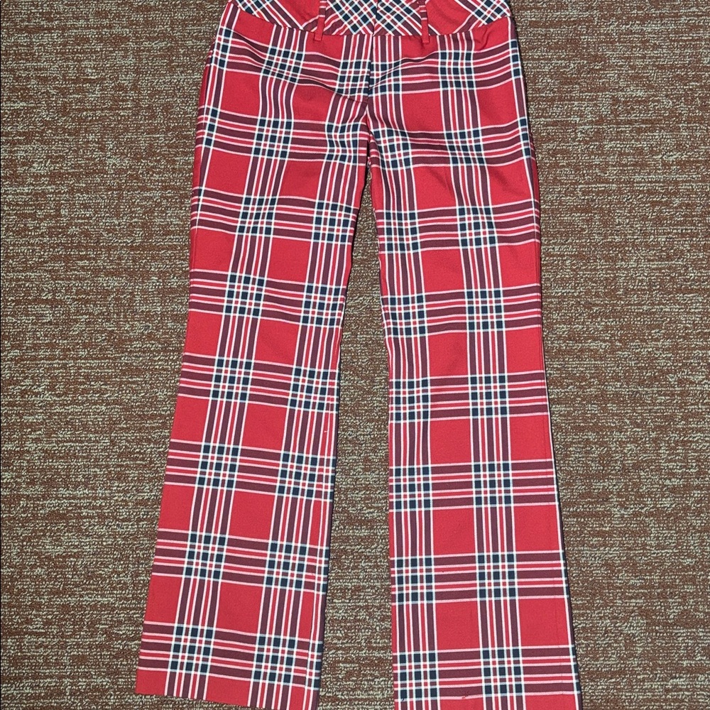 Tommy Hilfiger straight wide leg red plaid trousers classic mid rise preppy 6